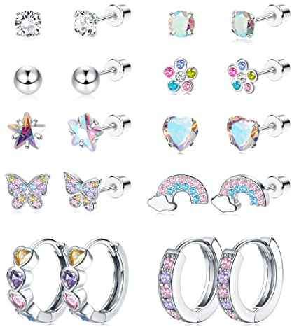 JeweBella 10 Paar Kleine Ohrstecker Set für Mädchen Damen Chirurgenstahl Hypoallergen Creolen Ohrringe Schmetterling Blume Herz Knorpel Medizinische Ohrringe Set für Kinder