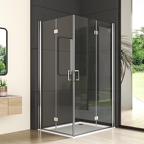 Falttür Duschkabine Eckeinstieg 90x120x195cm, Duschabtrennung Falttürkabine beide Seiten faltbar 5mm Nano ESG Glas, Silber Drehfalttür Höhe 195cm, Montage auf Duschwanne oder Fliese