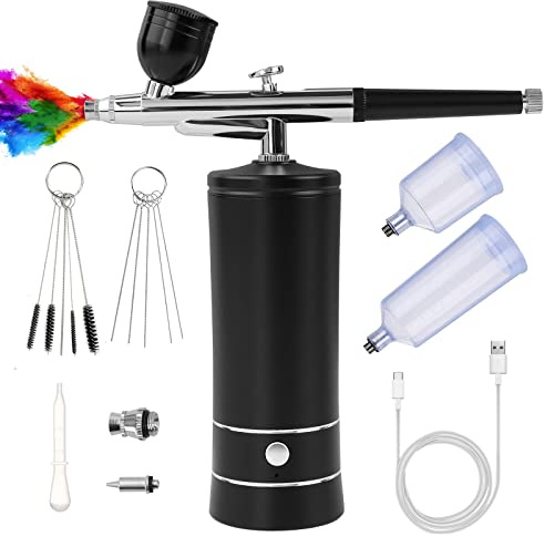 Kit aérographe avec compresseur, pistolet à air rechargeable portable haute pression avec buse de 0,3 mm et brosse de nettoyage pour peinture, tatouage, ongles, maquillage, art, décoration de gâteaux