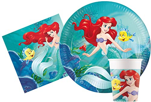 Ciao - Partygeschirr Party-Set Disney Princess Ariel Little Mermaid la Sirenetta für 8 Personen (36 pcs: 8 Pappteller Ø23cm, 8 Pappteller Ø20cm, 8 Becher 200ml, 20 Servietten 33x33cm)