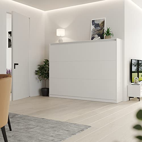 Schrankbett 140x200 cm Horizontal Weiß mit GASDRUCKFEDERN, Wandklappbett,Wandbett fürs Wohnzimmer, Gästezimmer, Büro, Schlafzimmer