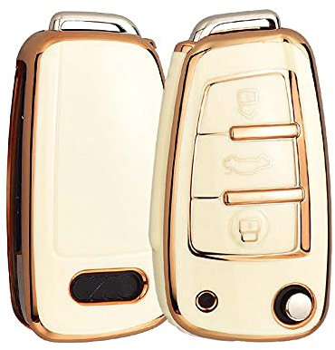 HIBEYO Autoschlüssel Hülle passt für Audi Schlüsselhülle Silicone TPU Schutzhülle Cover für Audi A1 A3 A4 A6 SQ5 Q3 Q5 Q7 S3 Q2L R8 TT TTRS Fernbedienung Schlüssel Tasche KLAPP 3Tasten-Gold Weiß