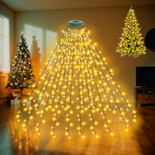 Etopgo Christbaumbeleuchtung mit Ring,16 Stränge 2m 400LED Lichterkette Weihnachtsbaum, Lichterkette IP44 Wasserdicht 6H Timer 8 Modi Christbaumbeleuchtung Warmweiß für Weihnachtsdeko Außen Innen