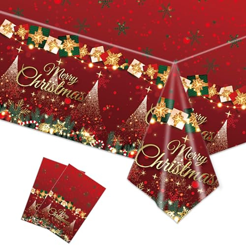 POPOYU 2 Stück Weihnachtstischdecke Rechteck Weihnachten wasserdichte Tischdecke für Tischdekorationen 137 x 274cm Xmas Rot Und Gold Kunststoff Tischdecke für Weihnachten Urlaub Winter-Party-Zubehör