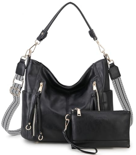 Chase Chic Handtasche Damen, Leder umhängetasche Shopper Hobo Taschen Geldbörse set Gross Schultertasche mit Abnehmbar Schulterriemen 2pcs Schwarz
