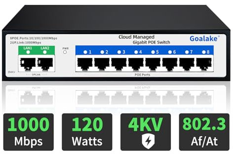 Goalake Gigabit Switch Poe a 8 Porte, Switch Ethernet Gestito Cloud, Switch PoE+ a 10 Porte da 120W, 802.3af/at, APP Easy Smart Managed, Cloud Detection, Vlan, Riavvio cloud, Cloud Ultra-remoto