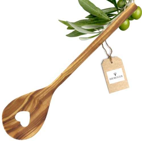 HOFMEISTER® Kochlöffel aus verschiedenen Holzarten: hitzebeständig, antibakterieller Riesen-Rührlöffel aus Buche, Kirschholz oder Olivenholz (Kochlöffel rund Olivenholz mit Herz | 30 cm, 1)