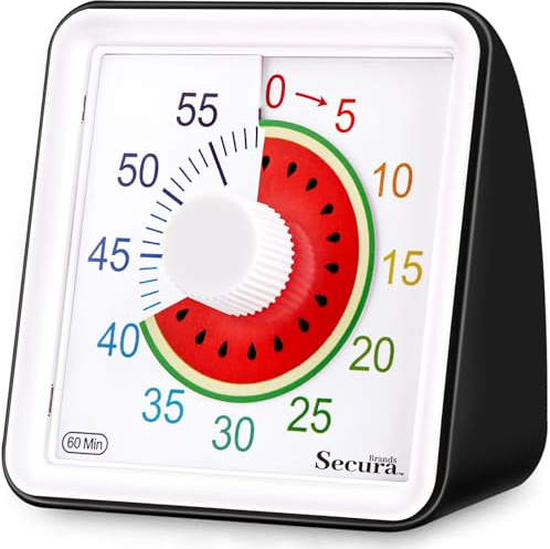 Secura 60-Minute Visual Timer for Kids, Classroom Timers, Countdown Time Tracker for Adults, Time Management Tool for Teaching (Black)