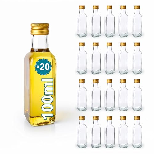 Espirito Rebelde 20 Botellas de Cristal 100 ml con Tapón de Rosca Dorado – Botellas Pequeñas para Aceite de Oliva, Vinagre, Alcohol, Salsas, Poción Mágica – Muestras