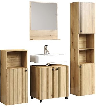 trendteam smart living badrumskombination bestående av: Högskåp, tvättställsunderskåp, väggspegel och stativ, trämaterial, brun, (B x H x D) 160 x 190 x 40 cm