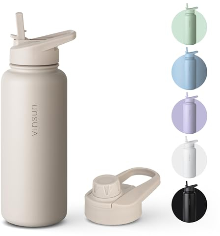 Vinsun Trinkflasche Edelstahl beige 1L - auslaufsicher, Kohlensäure geeignet, BPA frei - Strohhalm, Trinköffnung - Thermosflasche Sport, Outdoor, Schule, Uni, Fahrrad, Büro, Camping