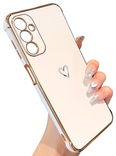 ZTOFERA Compatible with Samsung Galaxy A25 5G (6.5) Case for Girls Women, Flexible Soft Silicone Protective Phone Case with Cute Love Heart Pattern Golden Edging Shockproof Bumper Cover, White