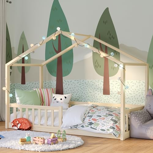 Bellabino Bia Kinderbett 80x160 cm – Hausbett mit Rausfallschutz & Lattenrost – Montessori Bodenbett aus Massivholz Kiefer – Kinder Bett in Natur für Jungen und Mädchen