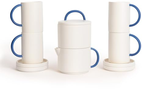 CREATE Service à thé en céramique Cobalt Collection / Pack complet / Céramique, peint en blanc et bleu cobalt, résistant jusqu'à 120 °C, passe au lave-vaisselle, au micro-ondes et au four, certifié