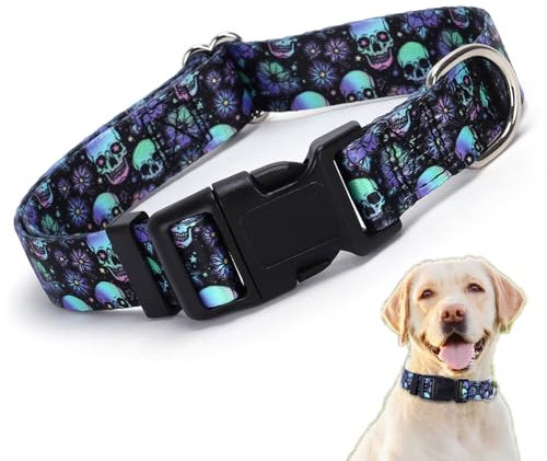 XL Dog Collar Boy, Cool Gothic Style Pattern Design Quick Release Buckle Soft Nylon Male Dog Collars Adjustable for Small Medium Large Pet Dogs, Goth XL