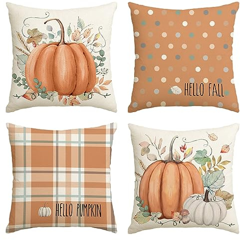 Artoid Mode Orange Streifen Kürbisse Herbst 40x40 cm 4er Set Kissenbezüge | Saisonal Eukalyptus Blätter Fall Zierkissenbezug Cushion Cover Couch Wohnzimmer Deko