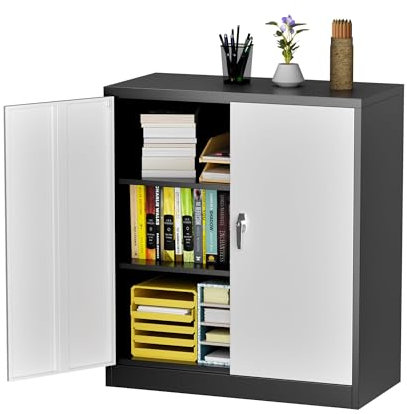 SUPEER Metallschrank mit verschließbaren Türen und Regalen, abschließbarer Stahlschrank mit 2 verstellbaren Regalen, Zuhause, Büro, B 80 cm x T 40 cm x H 90 cm, Montage erforderlich (Schwarz/Weiß)
