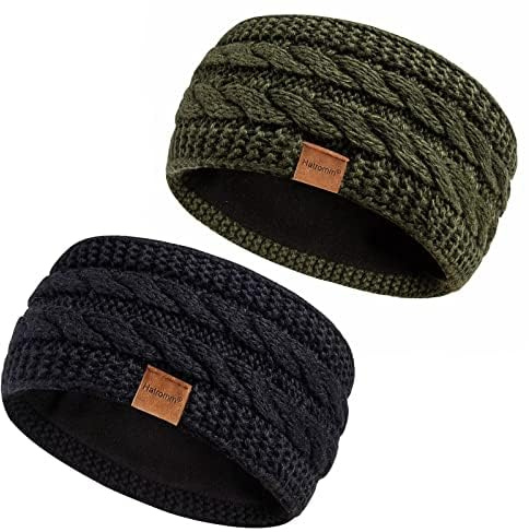 Hatromm Winter Headbands for Women Wool 2 Pack, Ear Warmers for Women Headband Knit Thick Fleece Lined, Cold Weather Warm Ear Muffs(Black+Army)