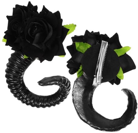 MOBUTOFU Gothic Sheep Horn Hair Clips Black Rose Floral Cosplay Hair Barrettes Halloween Costume Party Accessories for Women