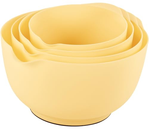 BoxedHome 4-teiliges Rührschüssel Set aus BPA-freiem Kunststoff, GanzGelb - mit Ausgießer, rutschfestem Boden und Griff, stapelbar, spülmaschinen- und mikrowellengeeignet, ideal für Backen und Kochen