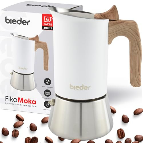 bieder Fika Moka 6 Cup – Induction Compatible Stovetop Espresso Maker – Stainless Steel Moka Pot for Induction, Gas & Ceramic Hobs – Durable, Safe & Easy to Clean