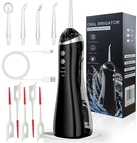 Water Flosser with 5 Pressure Levels, IPX7 Waterproof, Portable USB Type-C Charging, 300ml Water Tank, 360° Rotating 4 Nozzles & 4 Dental Floss Teeth Cleaning, Oral Hygiene with 5 Dental Floss