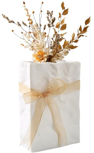 Ceramic Flower Vase White Wrinkled Bag Style – High Aesthetic Home Decor for Living Room, Tabletop, Fresh Flower Water Cultivation – Modern Nordic Decoration Ornament