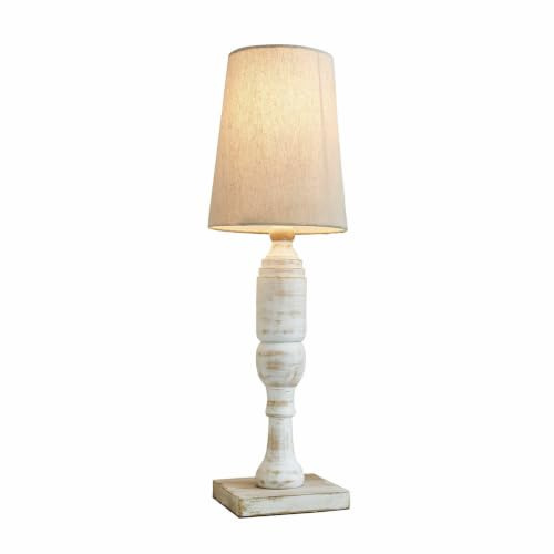 LOBERON Tischlampe Yernisto, antikweiß | Holzfuß mit White-Washed-Finish - Schmales Design - Tischleuchte - Wohnaccessoire - Kiefernholz - Leinen - Polyester