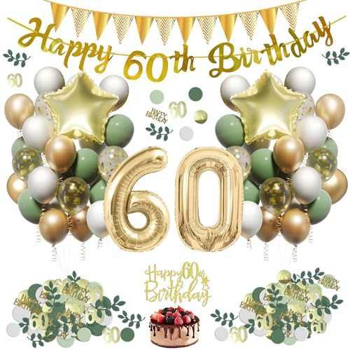 60 Geburtstagsdeko Frau, Salbeigrüne 60. Geburtstag Deko Mann，Grün Weiß Gold Luftballon Party Zubehör Set mit 44 Ballon, Happy Birthday Banner, Flaggen, Tortendeko usw
