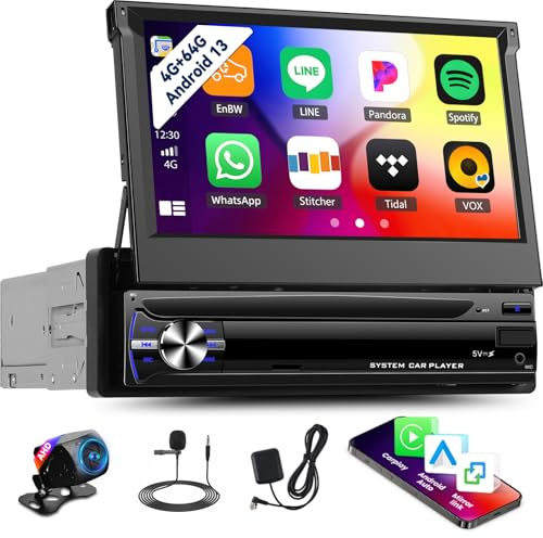4+64G Android 13 1 Din Autoradio, 7-Zoll versenkbarer Bildschirm mit Wireless CarPlay Android Auto, Single Din Autoradio mit Touchscreen Bluetooth EQ GPS WiFi FM/RDS Mirror Link SWC+Caméra de recul