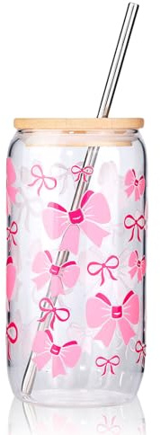 Hebterrka Elegantes 16 oz vaso de vidrio con tapa y pajita, dos estilos diferentes de pegatinas, diseño de lazo coqueto, se puede usar para café, cócteles y más (Estilo 4)