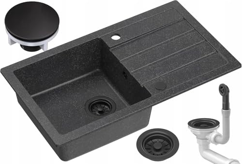 myQ Fregadero de granito, tamaño: 77 x 44 x 17,5 cm, color: negro, SEUL 11, fregadero de cocina con escurridor y sifón manual, para armarios a partir de 50 cm