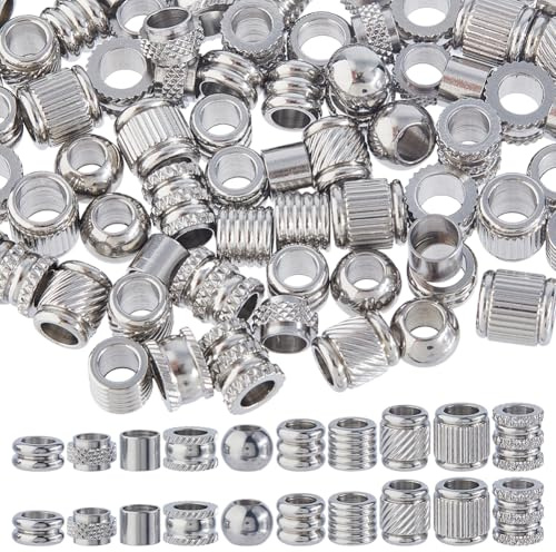 DICOSMETIC 100 Stück 10 Stile Edelstahl Europäische Perle 6-8mm Großlochperlen Metallsäulenperlen Runde Lose Abstandhalterperlen Für DIY Halskette Armband Ohrring Schmuckherstellung Bohrung: 4-5.2mm
