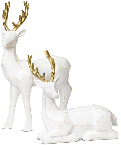 KI Store Set of 2 White Deer Figurines with Gold Antlers 12-Inch Resin Standing and Sitting Deer Figures Reindeer Decorations for Christmas Decor Display