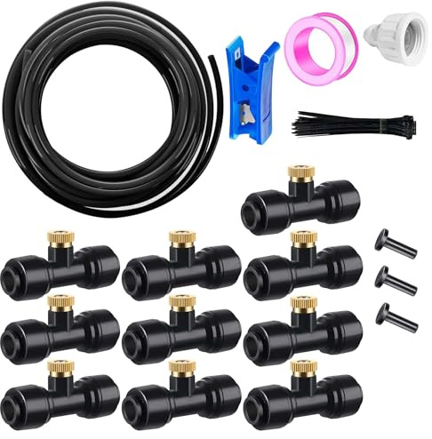 HAXIHA Nebulizzatori da Esterno,Nebulizzatore Giardino Kit di irrigazione,Sistema di Irrigazione, 10m Nero Misting Line con 10 ugelli nebulizzatori in Ottone+3/4Adattatore,per Serre,Giardini