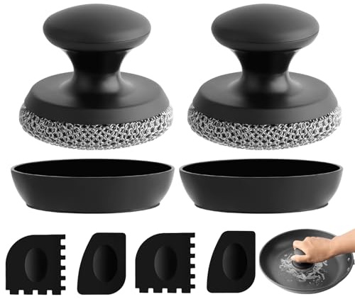 2 Piezas Cepillo Limpieza para Sartén Hierro Fundido, con 2 rascadores, para Limpieza de sartenes de Hierro, ollas, sartenes, Parrillas (Negro – 2 Unidad)