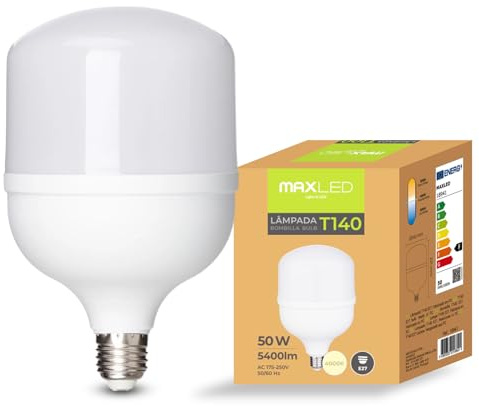 Maxled, Light is Led! LED Lampe E27 T140 50W Große Glühbirne Ersetzt 375 Watt Halogenlampe 4000K Neutralweiß Lampen 5400lm Nicht Dimmbar 200° Abstrahlwinkel AC175-250V Ø140 x 221mm