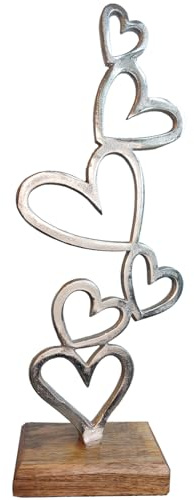 Deko-Figur Herzturm: Dekofigur zum Hinstellen, Skulptur Aluminium & Holz, Geschenk Weihnachten, Hochzeit, Geburtstag & Valentinstag, Dekoration Wohnzimmer & Flur, Holzdeko Groß Modern, 42 x 10 x 5 cm