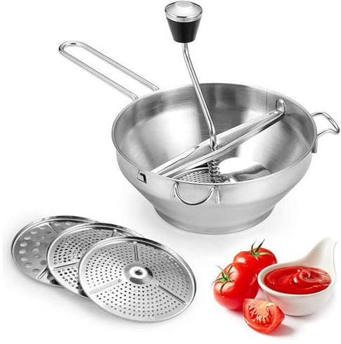 Molinillo manual de alimentos con 3 discos intercambiables, triturador de acero inoxidable, mango antideslizante, molinillo giratorio para verduras, frutas, trituradora de lodo de papas