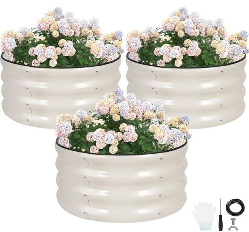 Round Raised Garden Bed - 60x60x30CM Galvanized Steel Planter Boxes Outdoor with Rubber Edge Trim | Metal Raised Beds for Gardening Vegetables Flowers Fruits Herbs (3Pc -White)