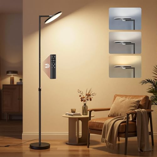 VASAGLE Lampadaire LED Réglable en Hauteur, Lampe sur Pied 36 W, Tête Orientable, pour Chambre, Bureau, Minuterie, Fonction Mémoire, Commande par Boutons et Télécommande, Noir Mat LFL008BD02