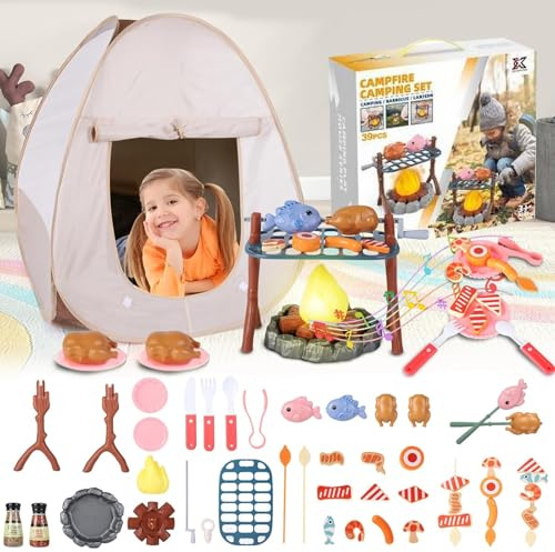 Kids Play Tent with Campfire Set, 39Pcs Pretend Play Camping Toys for Children Realistic BBQ Accessories Includes Play Food, Utensils & Cutting Toys for Indoor/Outdoor Role Play for Boys & Girls