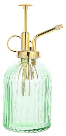 Kichvoe Flacon Pulvérisateur en Verre Vintage 350 Ml, Arrosoir Décoratif Vert Tête Dorée, Pulvérisateur D'eau pour Fleurs et Plantes D'intérieur, Jardinage et Entretien Pelouse