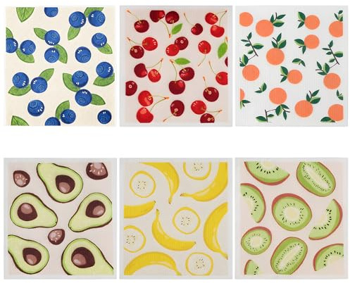 6 Pack Reusable Fruit Printed Dish Cloths - Super Absorbent & Quick Drying Multipurpose Cleaning Cloths for Kitchen, Dishes, and Countertops - Ideal Tea Towels for Homeowners and Eco-Conscious Users