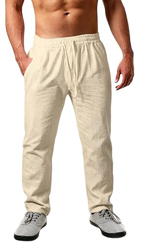 Cegerne Pantalon en Lin Homme Été Coupe Ample Léger Respirant Toile Naturelle avec Cordon de Serrage Confortable pour Plage Vacances et Usage Quotidien