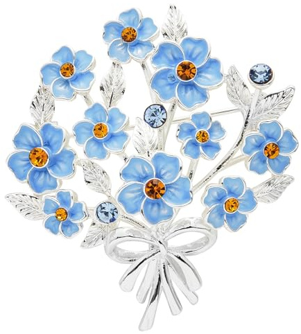 Equilibrium Forget Me Not Bouquet Silver Plated Brooch, Blue Enamel Flowers with Orange and Blue Cubic Zirconia Crystals, Gift Boxed