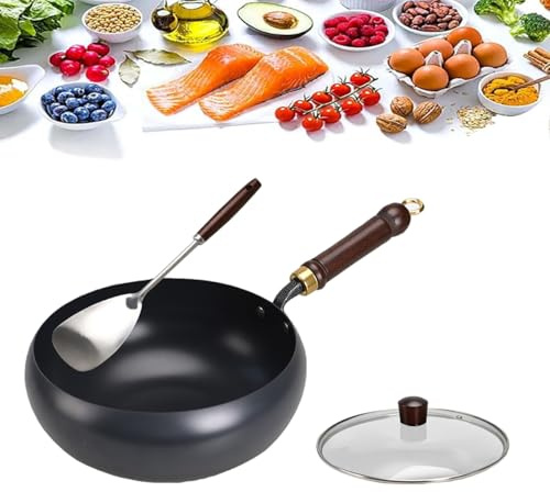 Yowikuw pentola wok in ferro 28 cm, non rivestita, forgiata a mano | antiaderente naturale, resistente e antiruggine, fondo tondo, compatibile con gas e induzione, con coperchio in vetro