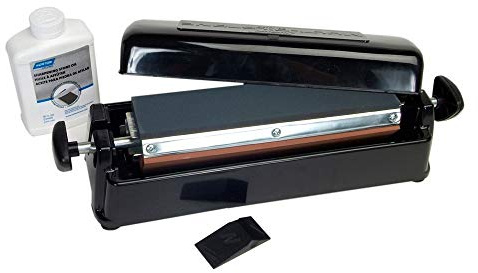 Norton IM313 Multi-Oilstone Sharpening System-Tri Stone Kinfe Sharpener, Stone oil, Plastic angle guide, and reservoir non-skid bottom. Used for Kitchen Knives, Scissors, most professional tools