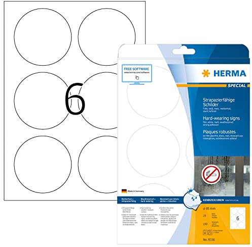 HERMA 8336 Wetterfeste Folienetiketten rund, 25 Blatt, Ø 85 mm, 6 pro A4 Bogen, 150 Stück, selbstklebend, bedruckbar, matt, blanko Klebeetiketten Aufkleber aus Folie, weiß
