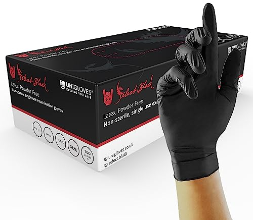 Unigloves Select Black Latex Gloves - Powder Free Disposable Gloves for Beauty, Piercing and Tattoo Artists - Box of 100 Gloves, Black, Extra Large (GT0025)